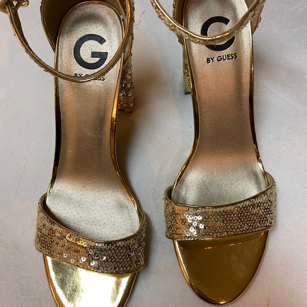 Guess Gold sequin open toe chunky heel